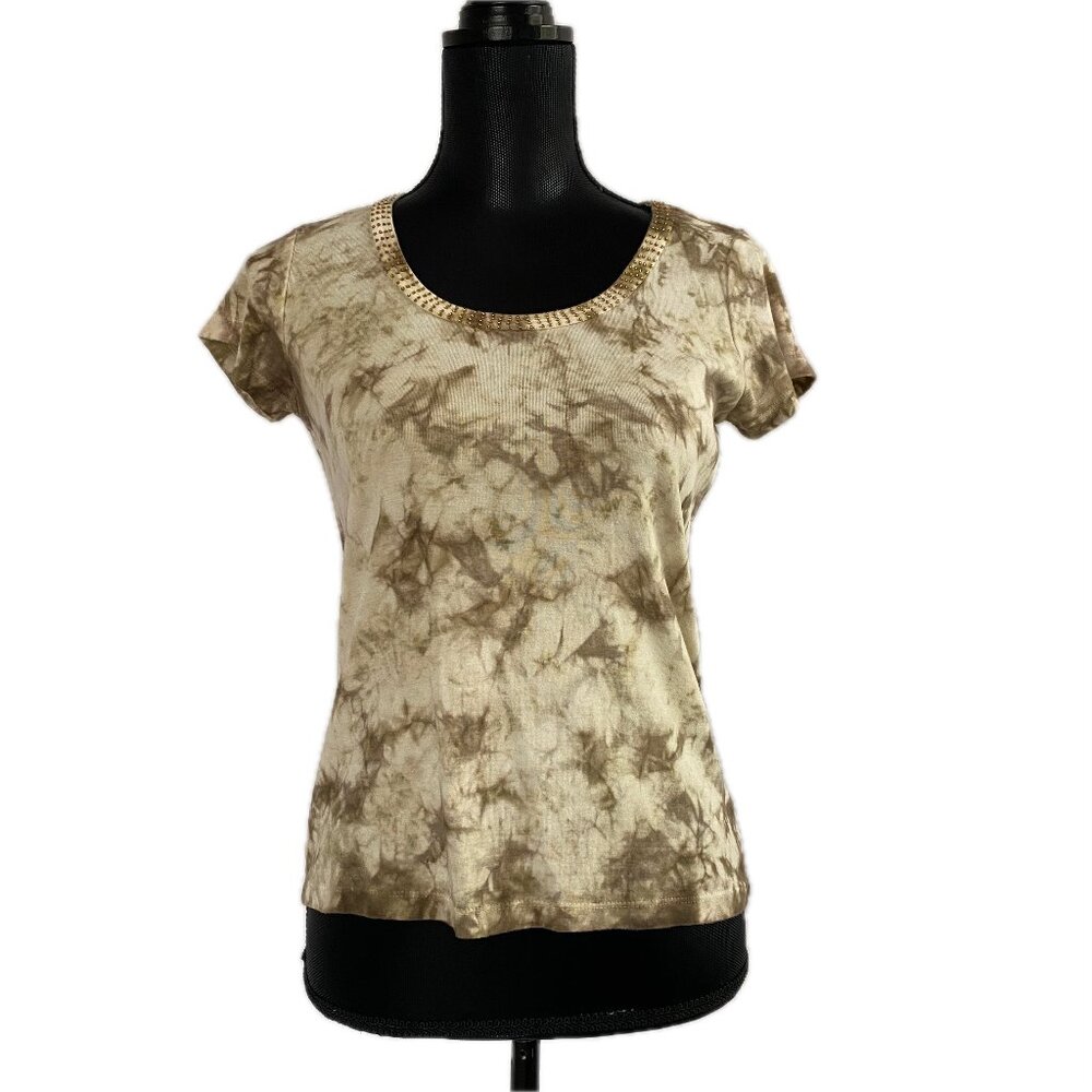 🌼 🌻 🌸 Chadwick's Two-Toned Khaki T-Shirt w/Beaded Neckline – Sz S – Like New